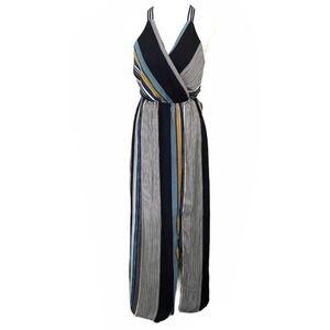 Monteau Surplice Front Blue & Yellow Striped Slit Maxi Sleeveless Dress